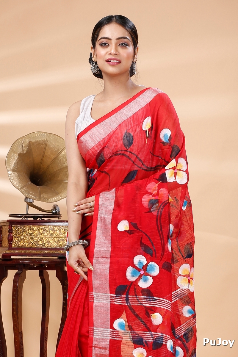 Red Blended Cotton Tonika Hand Painted Saree (1220)