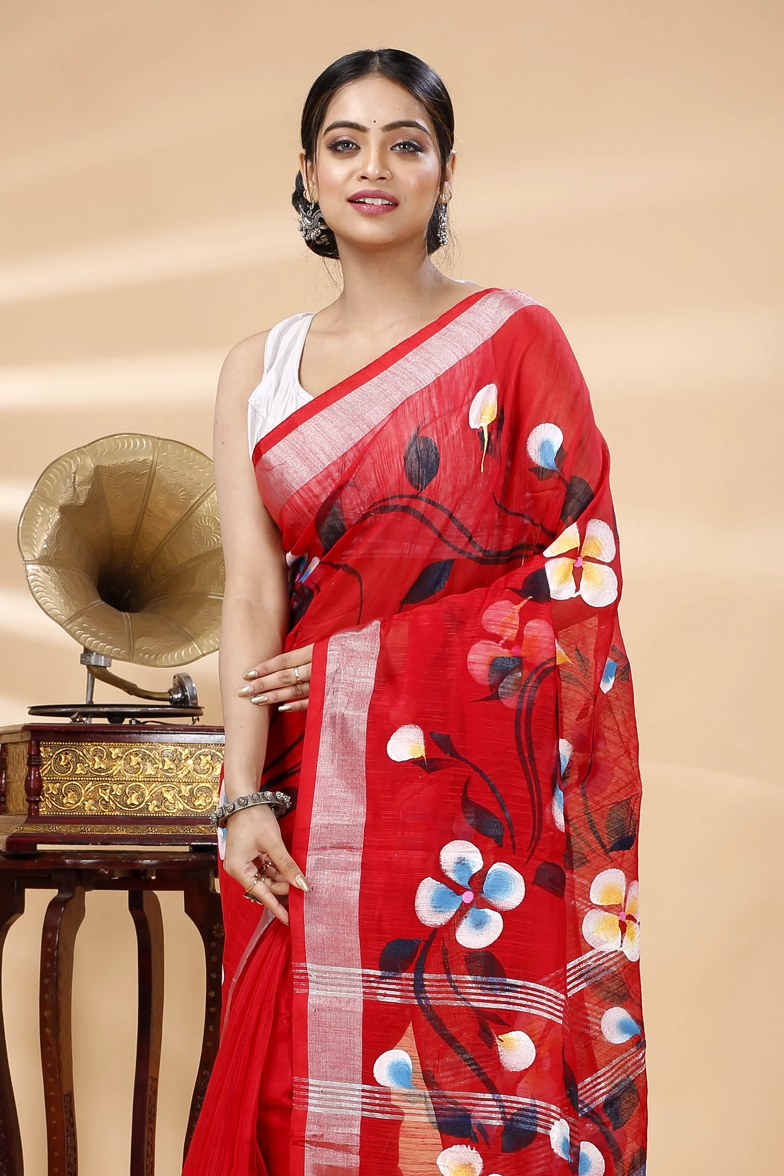 Red Blended Cotton Tonika Hand Painted Saree (1220)