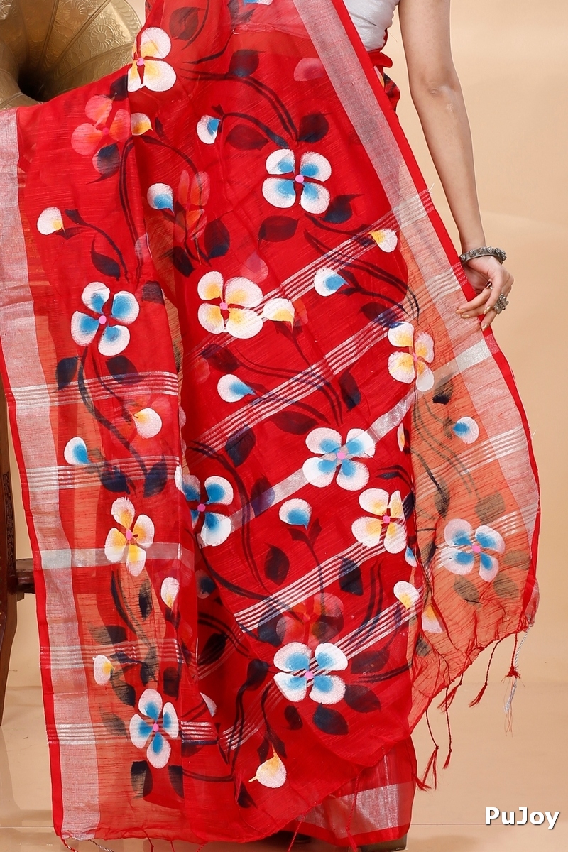 Red Blended Cotton Tonika Hand Painted Saree (1220)