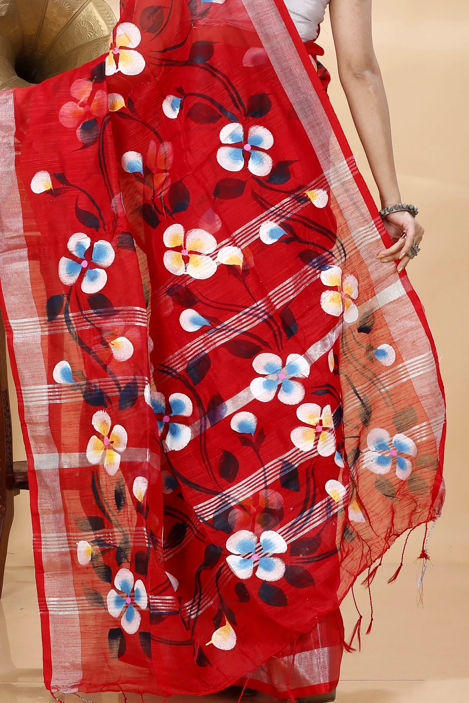 Red Blended Cotton Tonika Hand Painted Saree (1220)