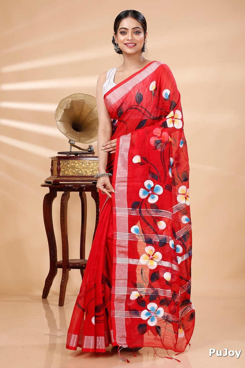 Red Blended Cotton Tonika Hand Painted Saree (1220)