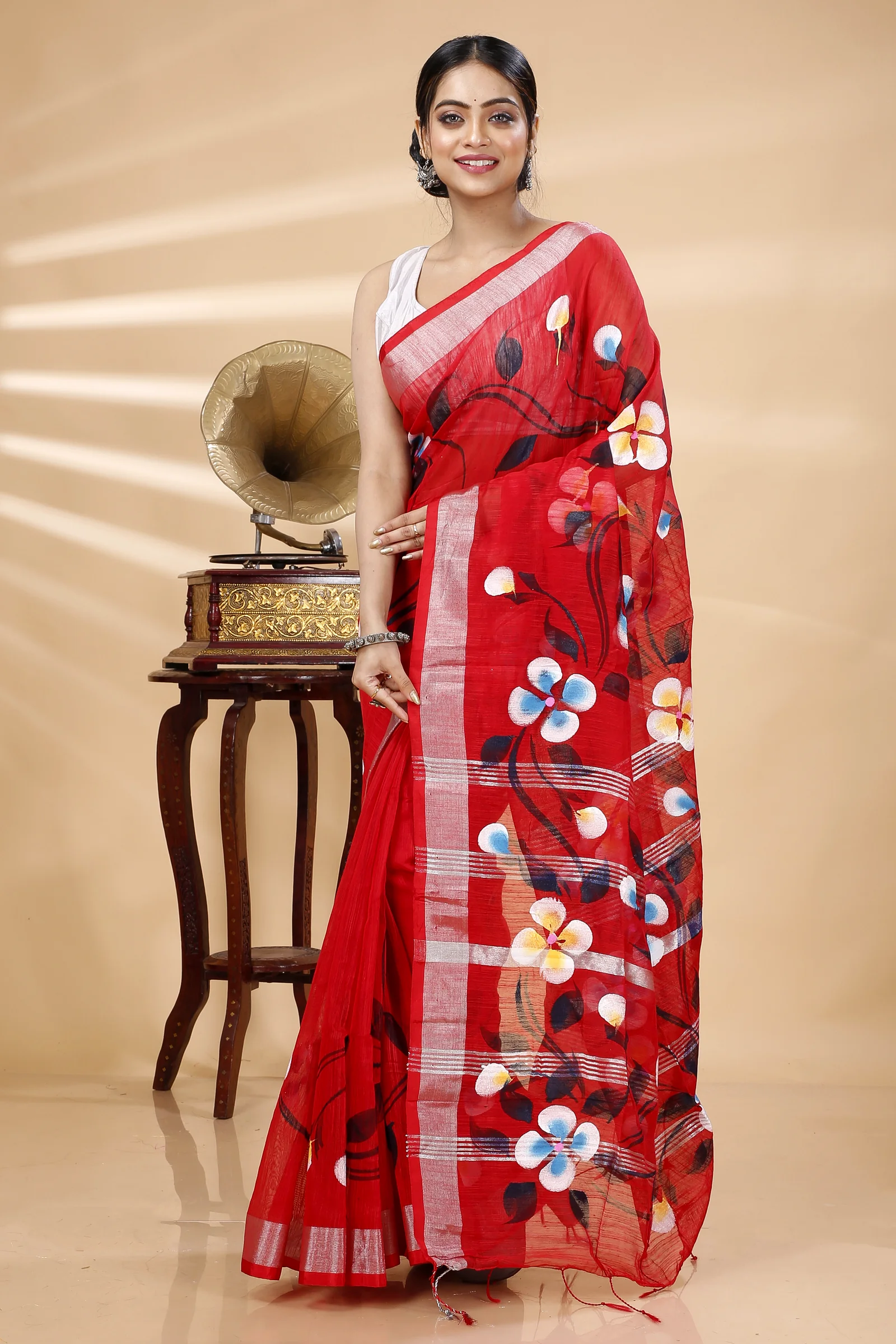Red Blended Cotton Tonika Hand Painted Saree (1220)