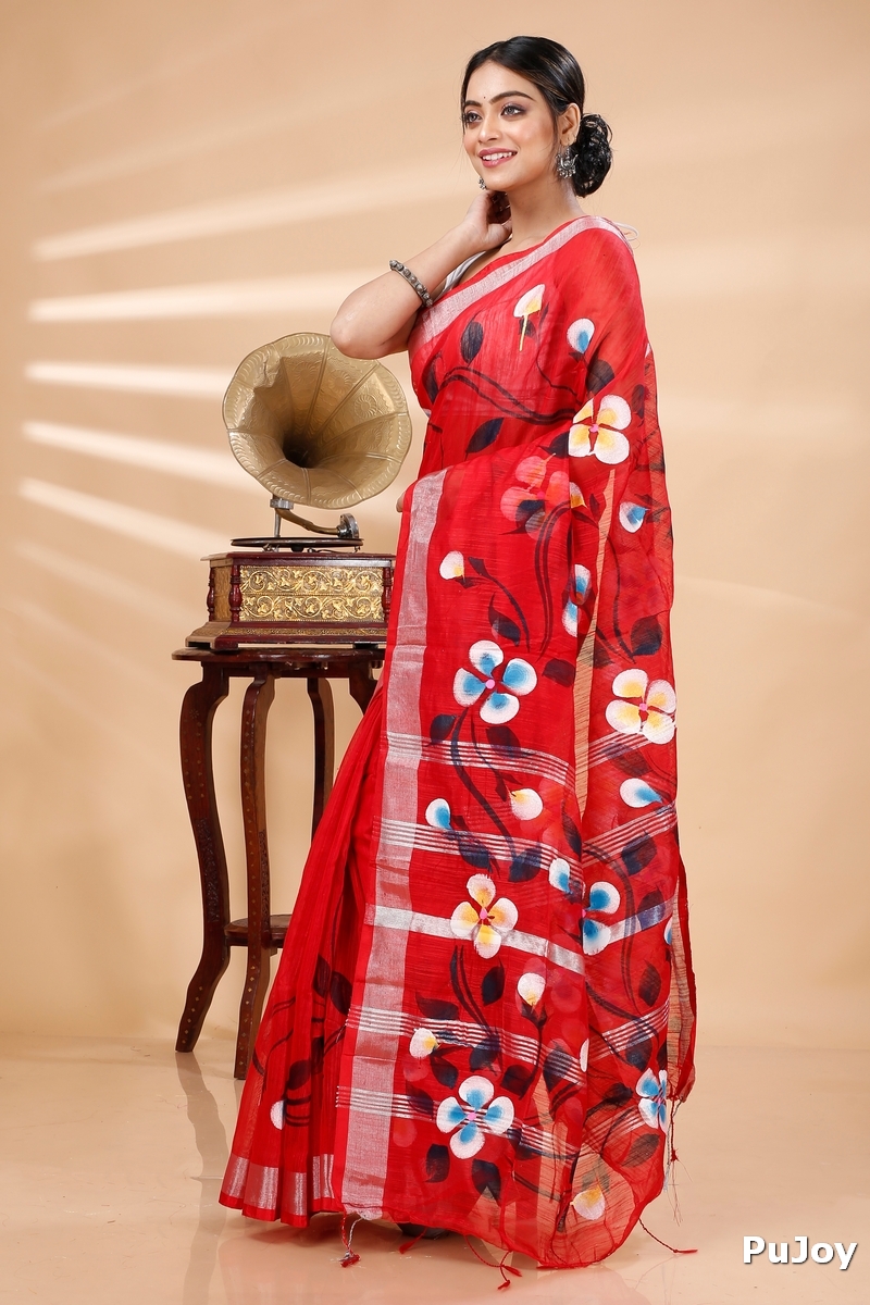 Red Blended Cotton Tonika Hand Painted Saree (1220)