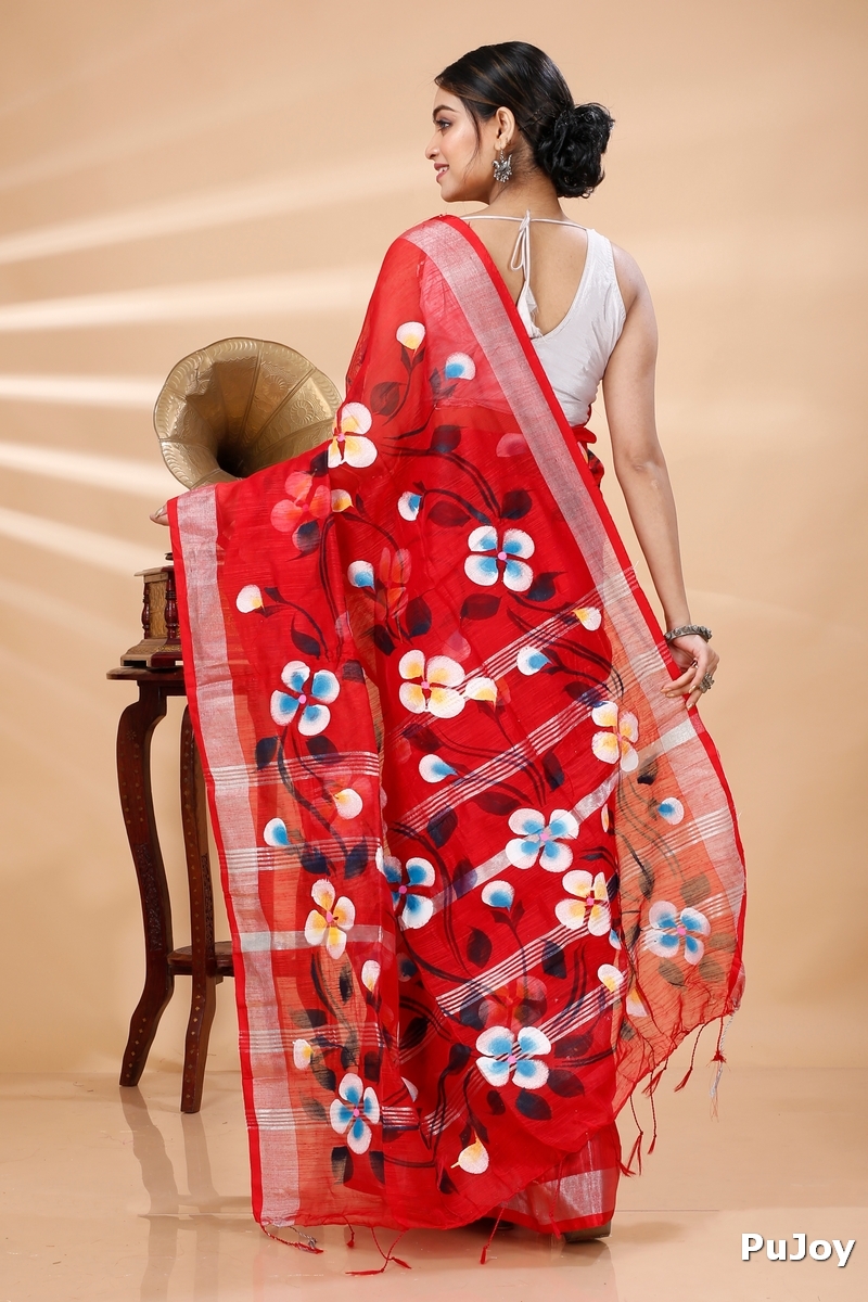 Red Blended Cotton Tonika Hand Painted Saree (1220)