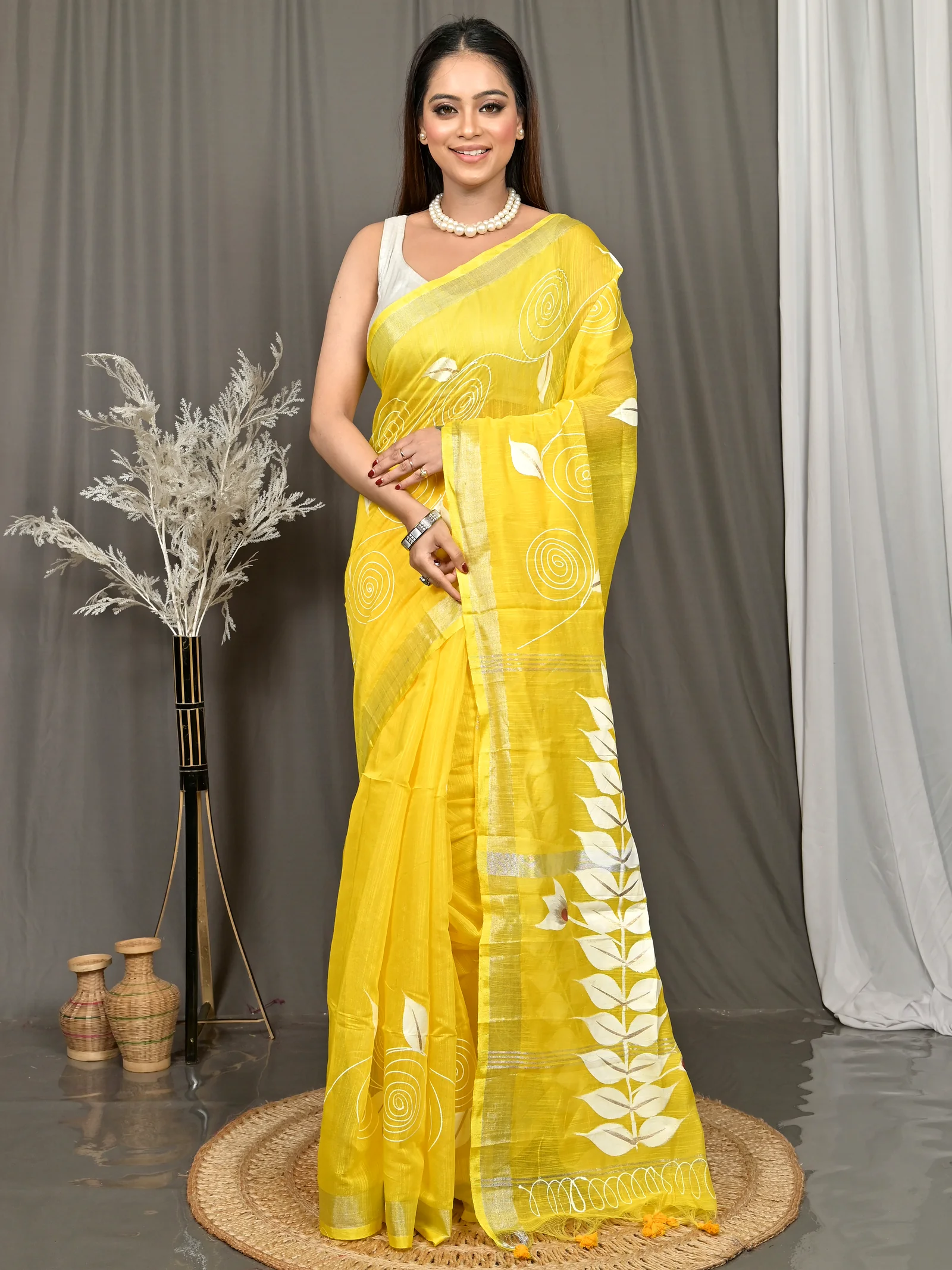Yellow Cotton Souvar Hand Painted Saree  (123)