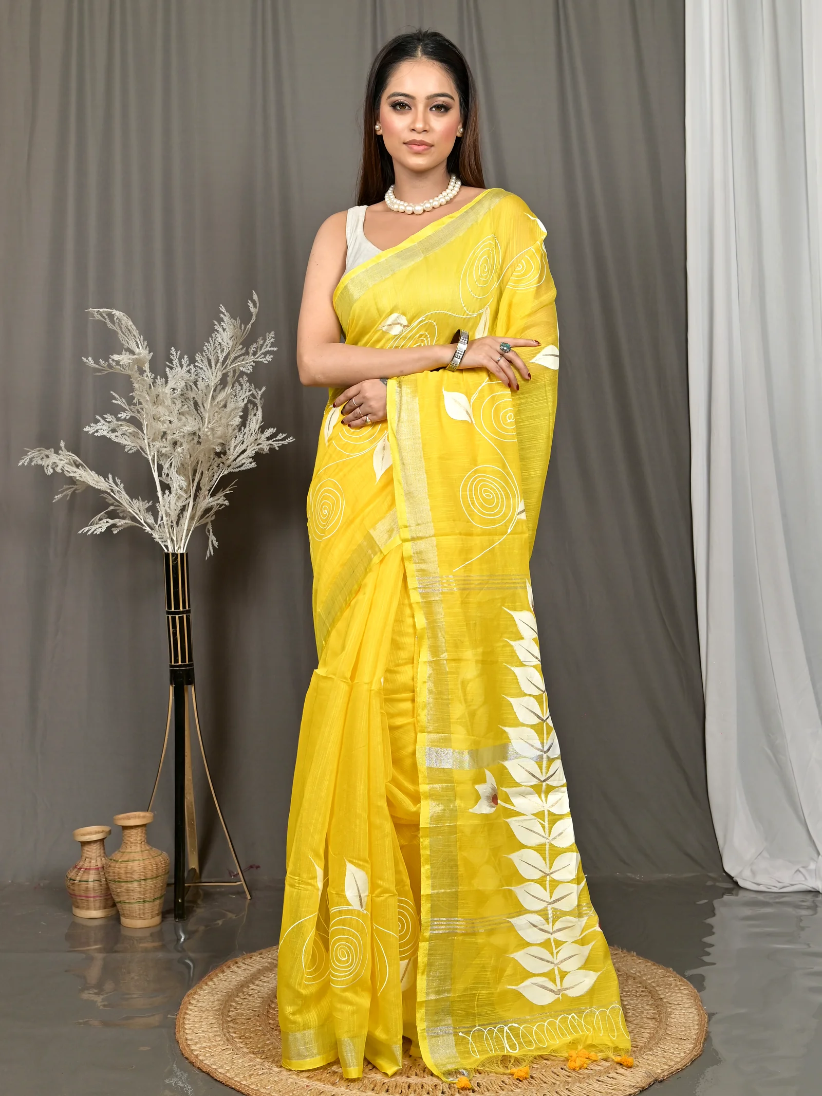 Yellow Cotton Souvar Hand Painted Saree  (123)