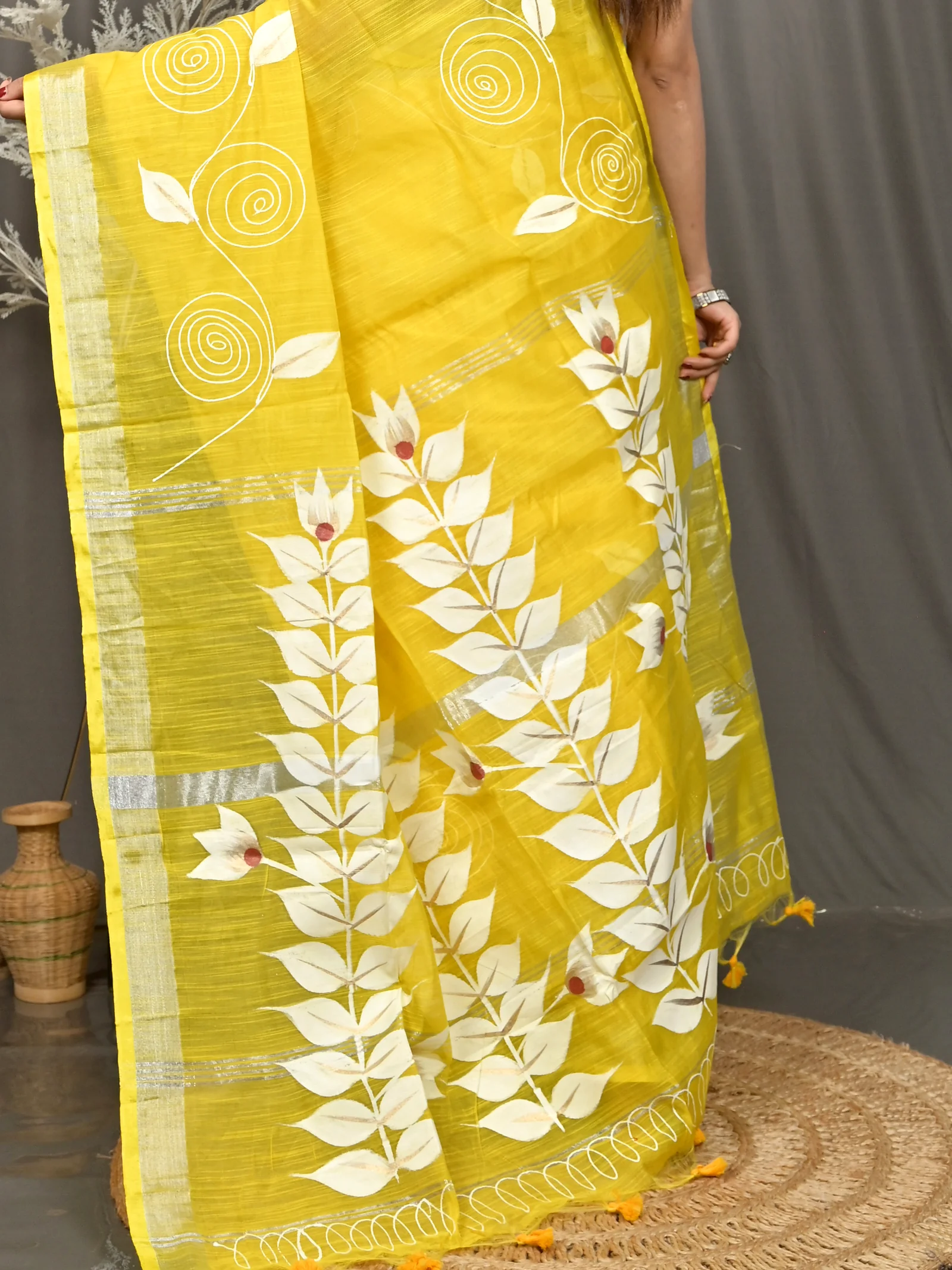 Yellow Cotton Souvar Hand Painted Saree  (123)