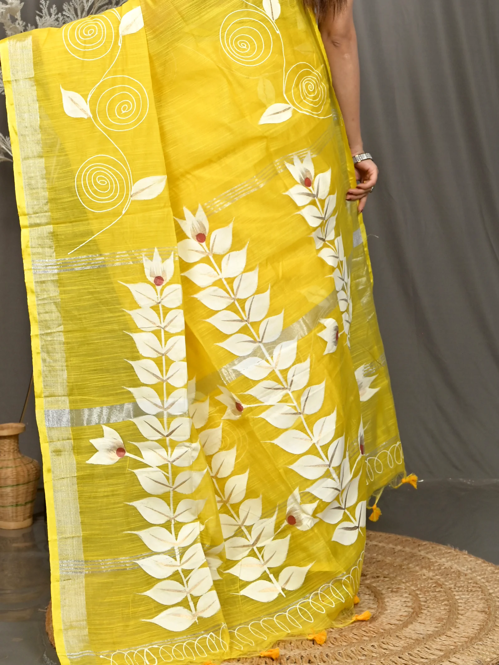 Yellow Cotton Souvar Hand Painted Saree  (123)