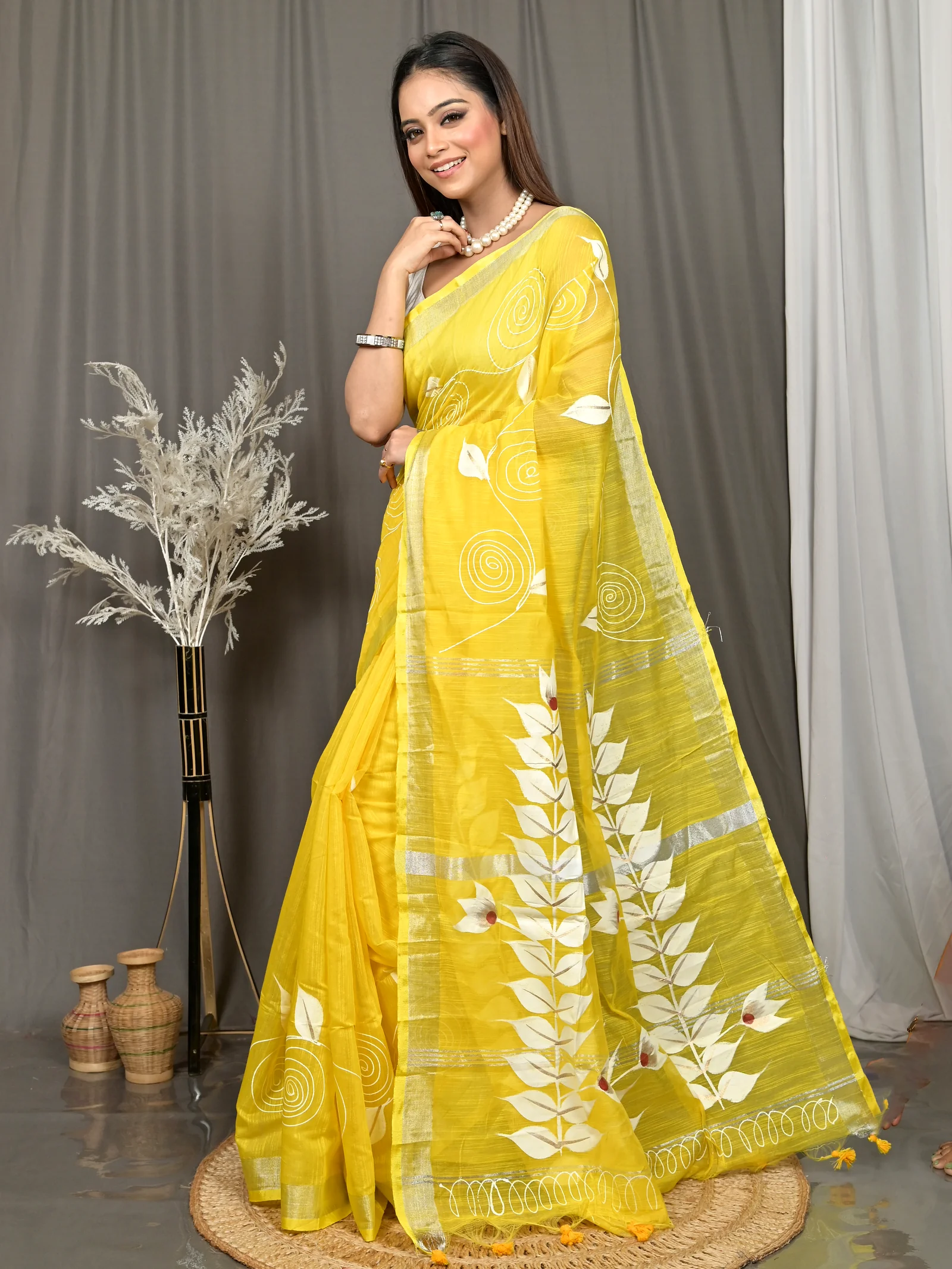 Yellow Cotton Souvar Hand Painted Saree  (123)