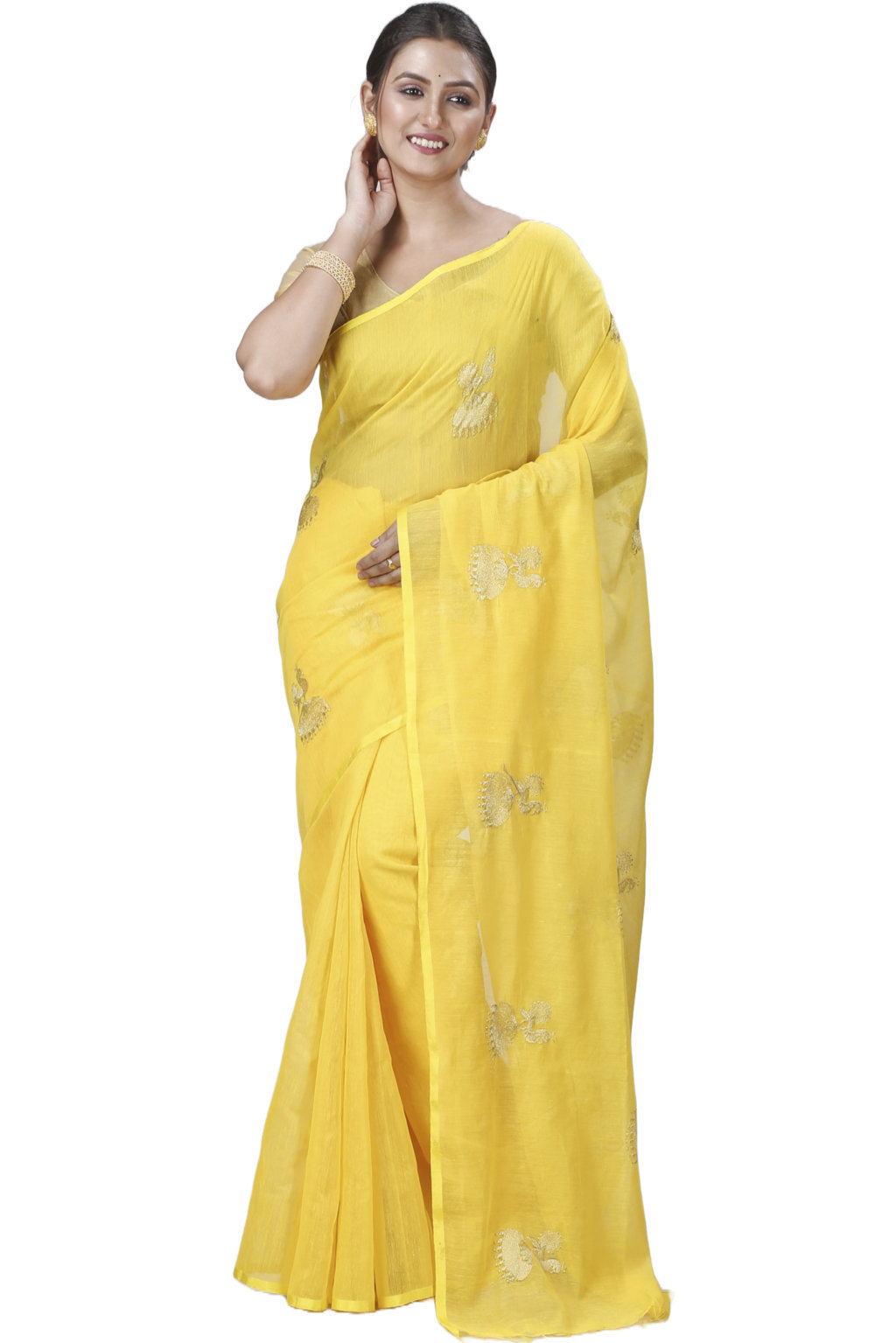 Yellow Blended Cotton Tuli Hand Loom Saree (1235)