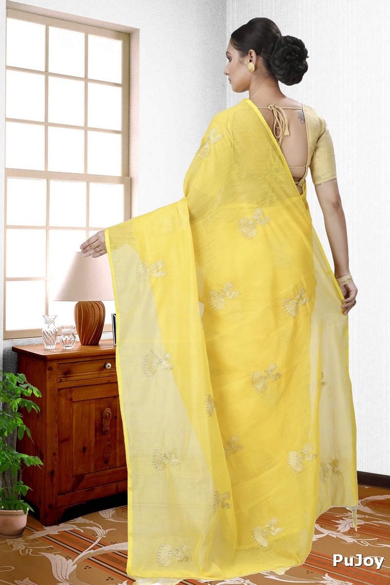 Yellow Blended Cotton Tuli Hand Loom Saree (1235)