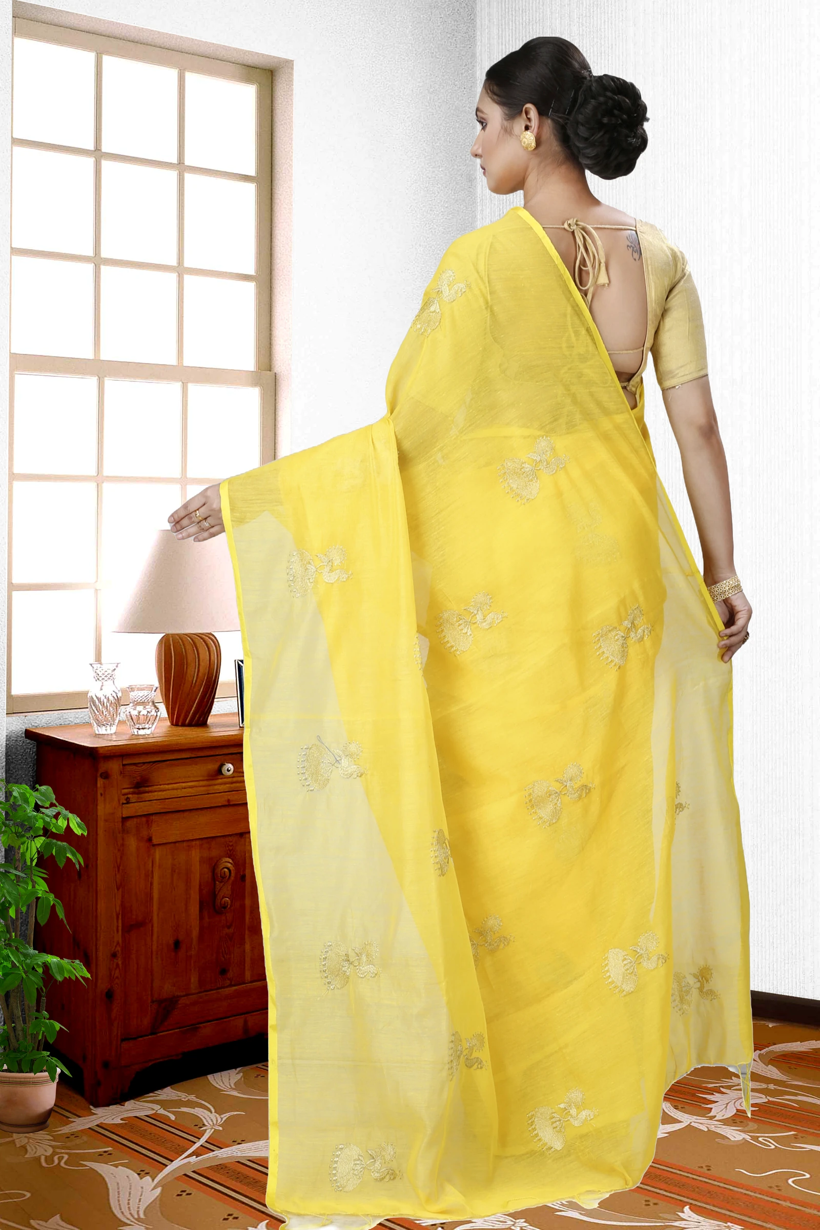 Yellow Blended Cotton Tuli Hand Loom Saree (1235)