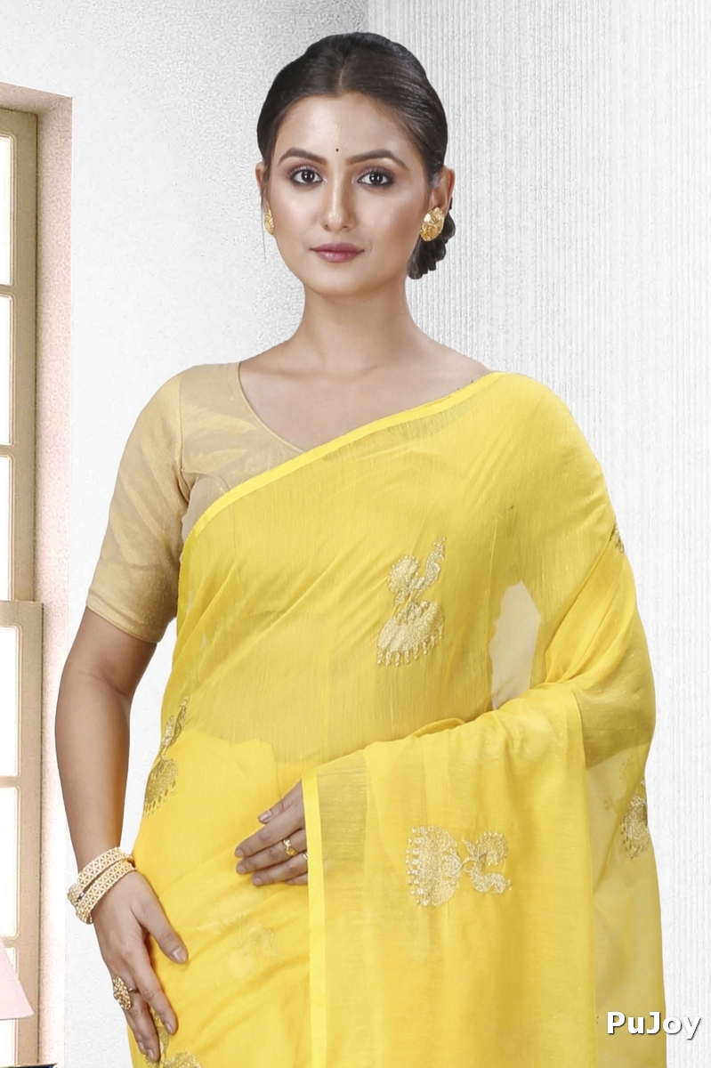 Yellow Blended Cotton Tuli Hand Loom Saree (1235)
