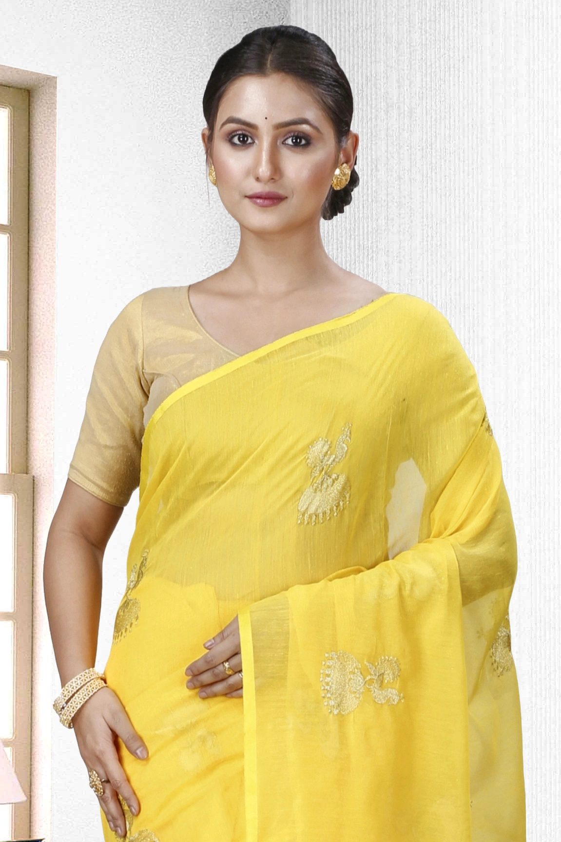 Yellow Blended Cotton Tuli Hand Loom Saree (1235)