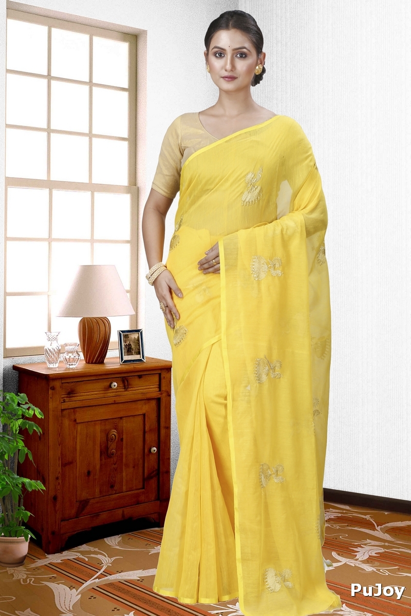 Yellow Blended Cotton Tuli Hand Loom Saree (1235)