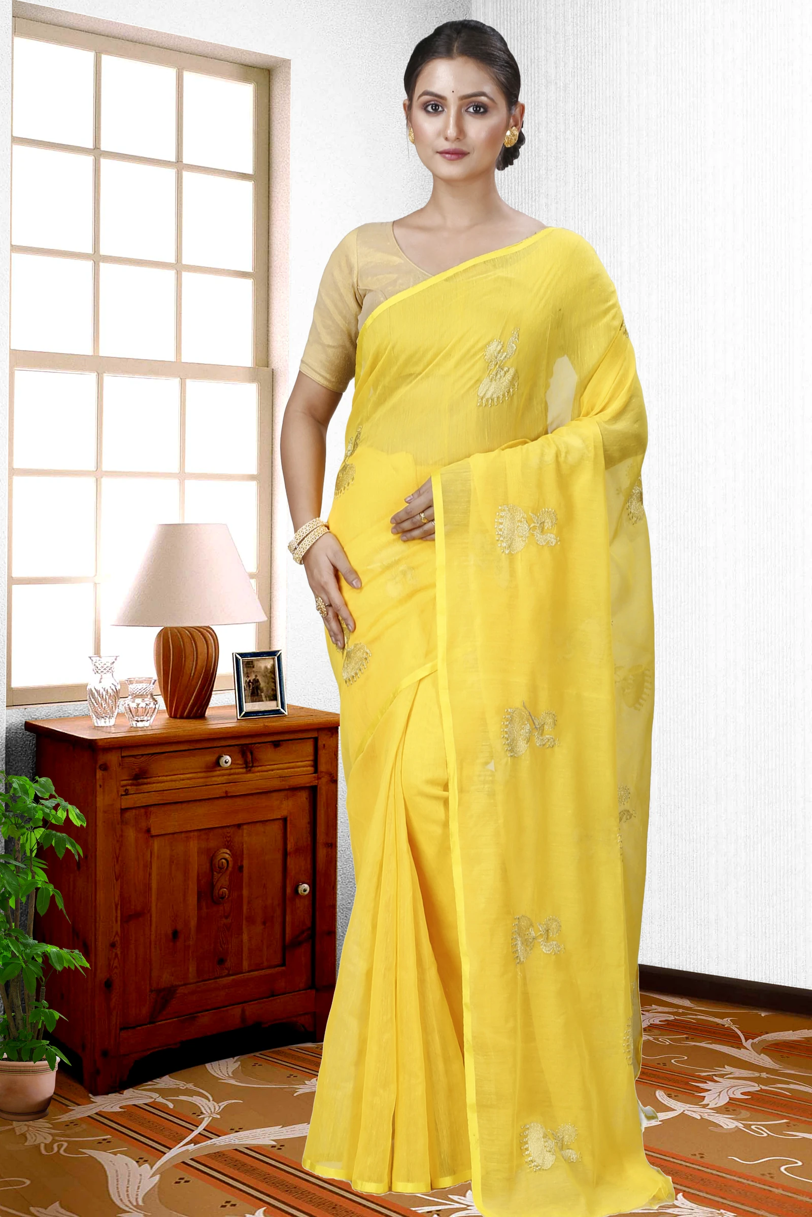 Yellow Blended Cotton Tuli Hand Loom Saree (1235)