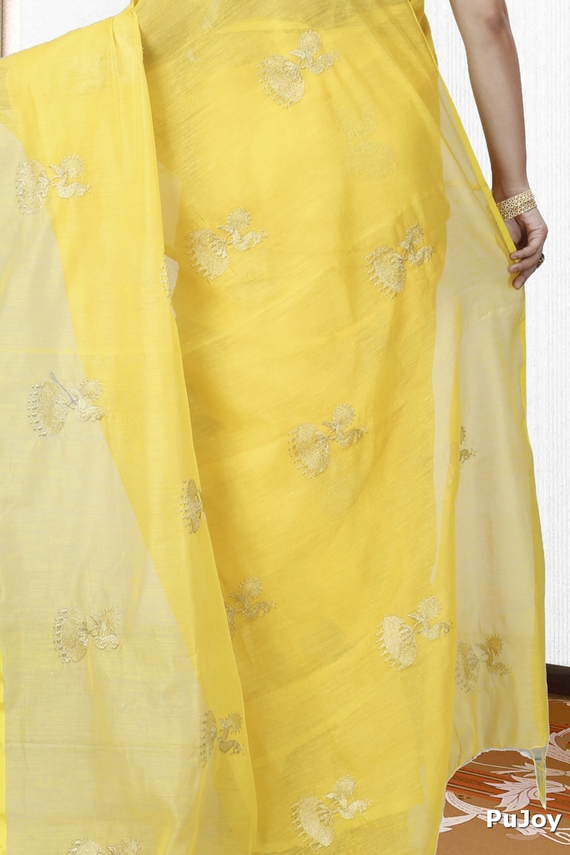Yellow Blended Cotton Tuli Hand Loom Saree (1235)