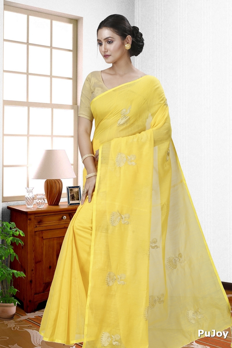 Yellow Blended Cotton Tuli Hand Loom Saree (1235)