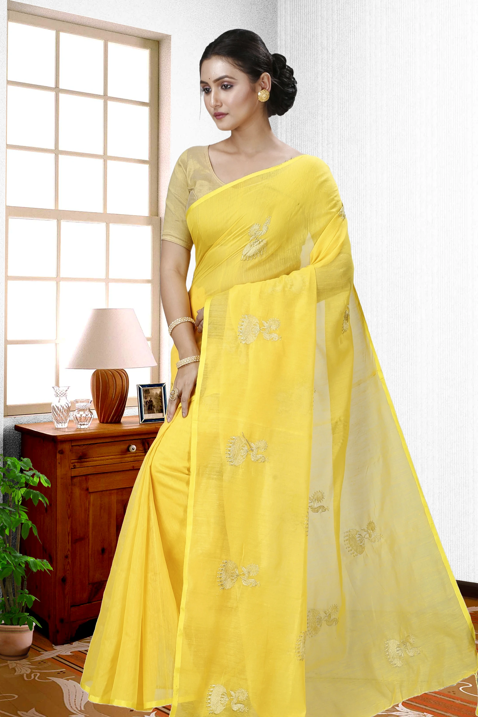 Yellow Blended Cotton Tuli Hand Loom Saree (1235)
