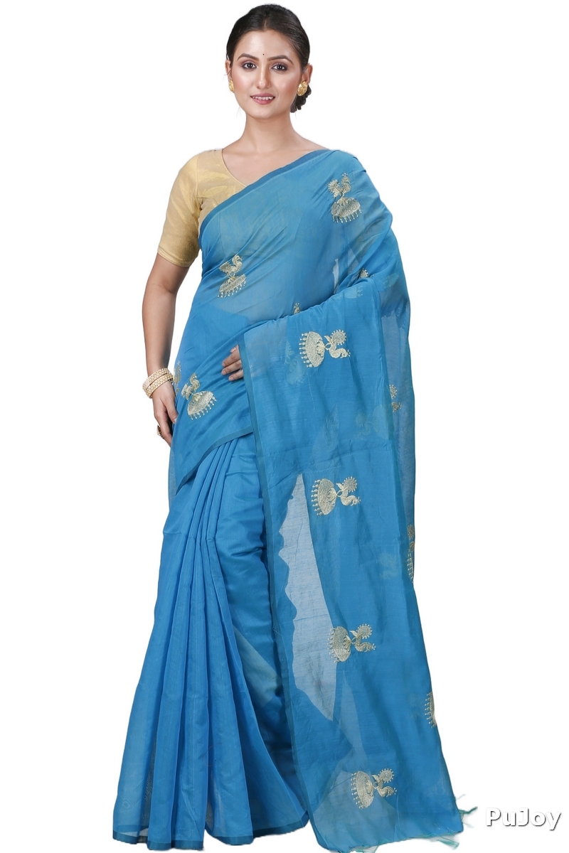 Sky Blue Blended Cotton Tuli Hand Loom Saree (1238)
