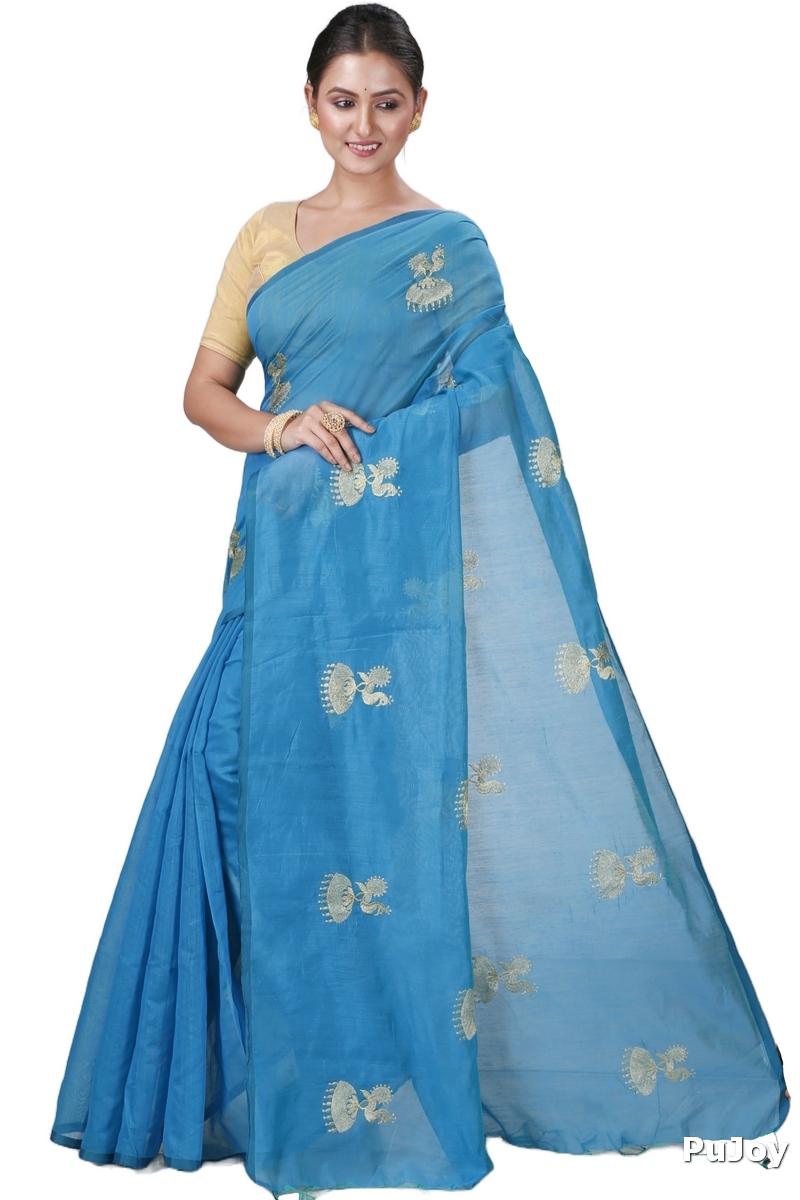 Sky Blue Blended Cotton Tuli Hand Loom Saree (1238)