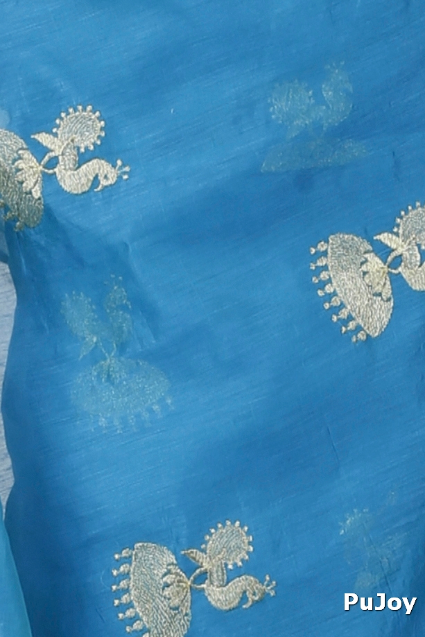 Sky Blue Blended Cotton Tuli Hand Loom Saree (1238)