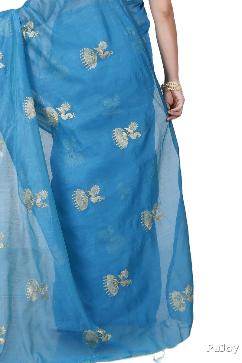 Sky Blue Blended Cotton Tuli Hand Loom Saree (1238)