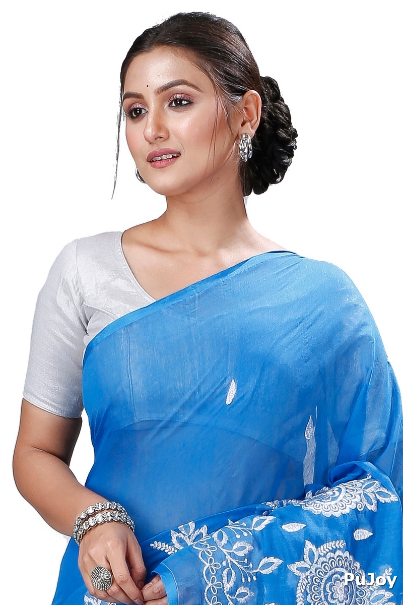 Sky Blue Blended Cotton Tabu Hand Loom Saree (1239)