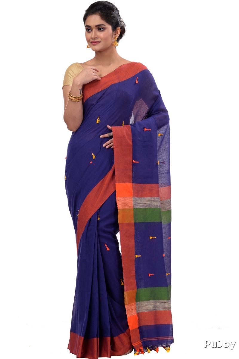 Blue Pure Cotton Clacial Desigined Hand Loom Saree (124)