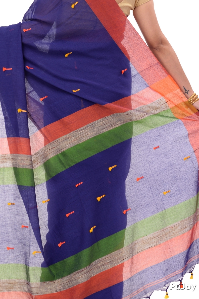 Blue Pure Cotton Clacial Desigined Hand Loom Saree (124)