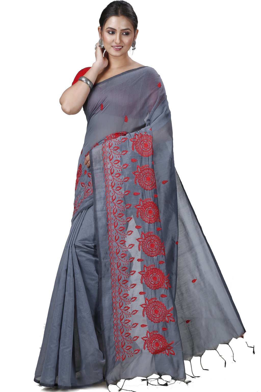 Grey Blended Cotton Tabu Hand Loom Saree (1241)