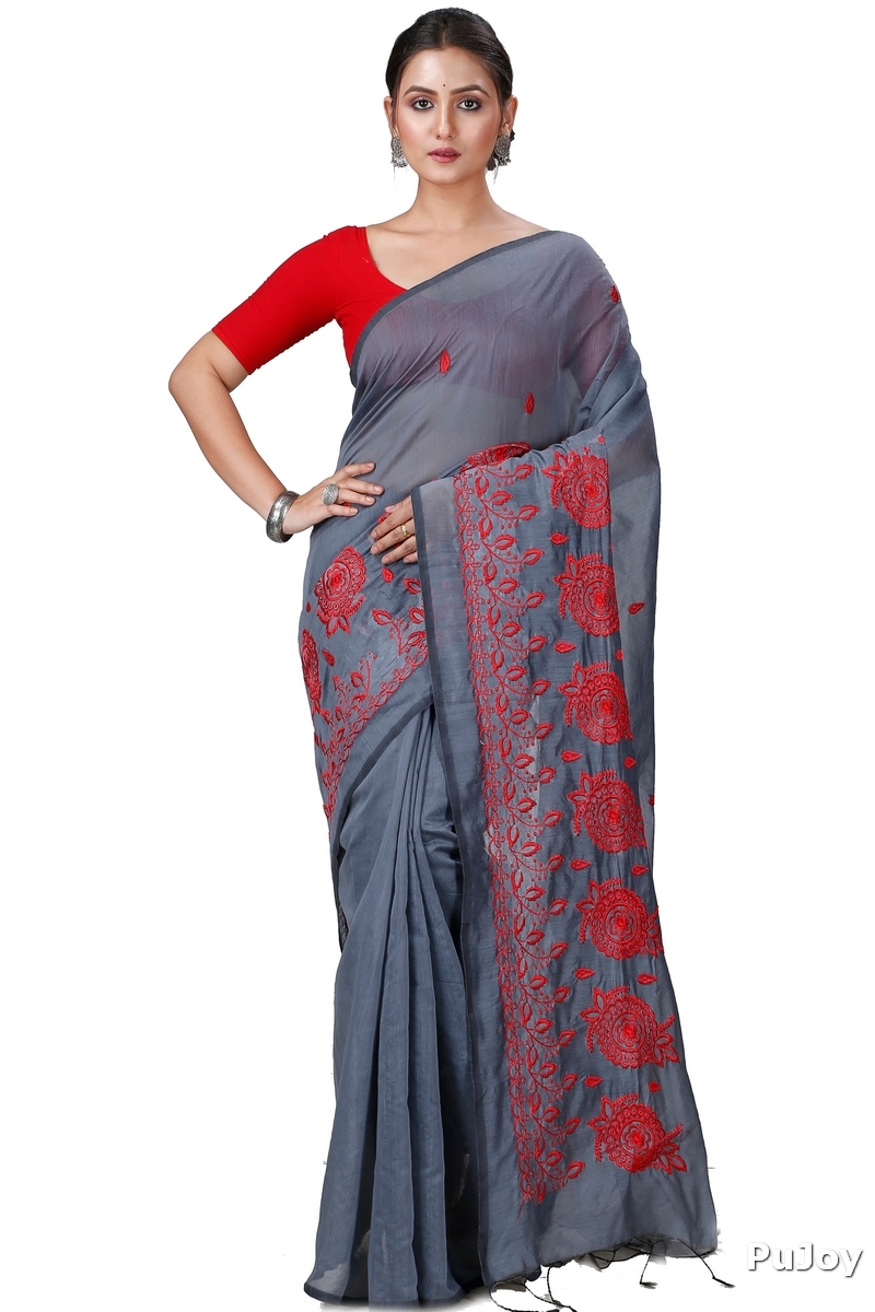 Grey Blended Cotton Tabu Hand Loom Saree (1241)