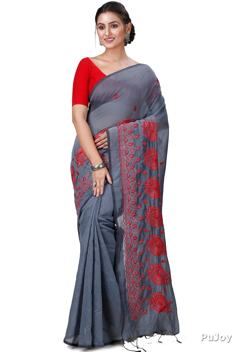 Grey Blended Cotton Tabu Hand Loom Saree (1241)