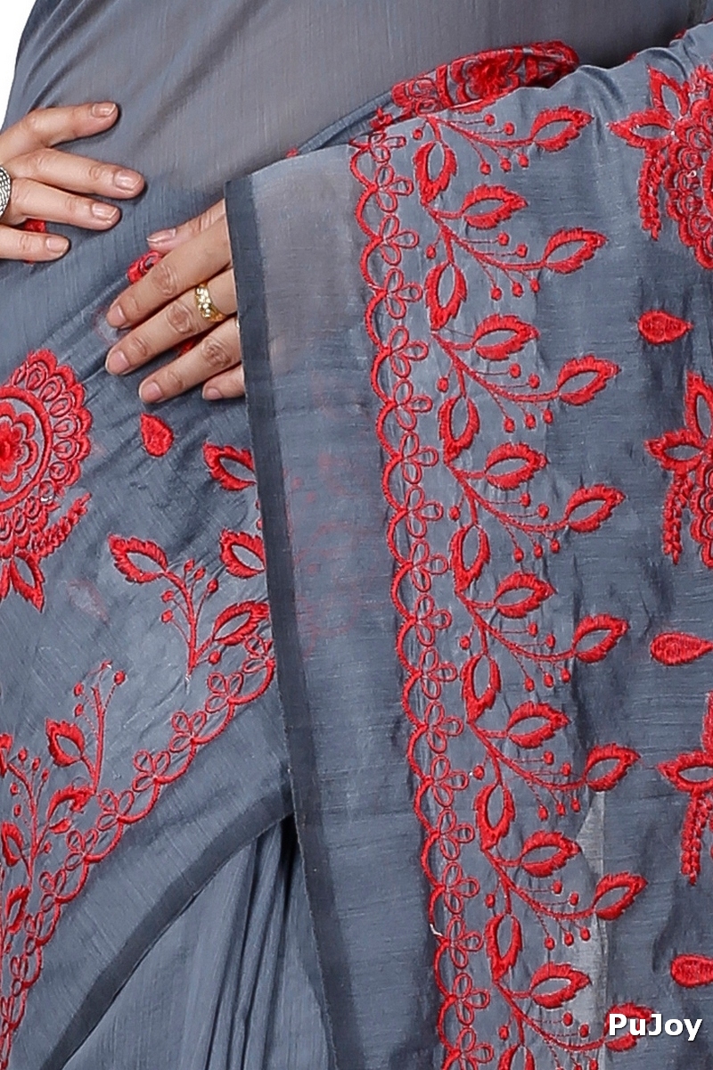 Grey Blended Cotton Tabu Hand Loom Saree (1241)