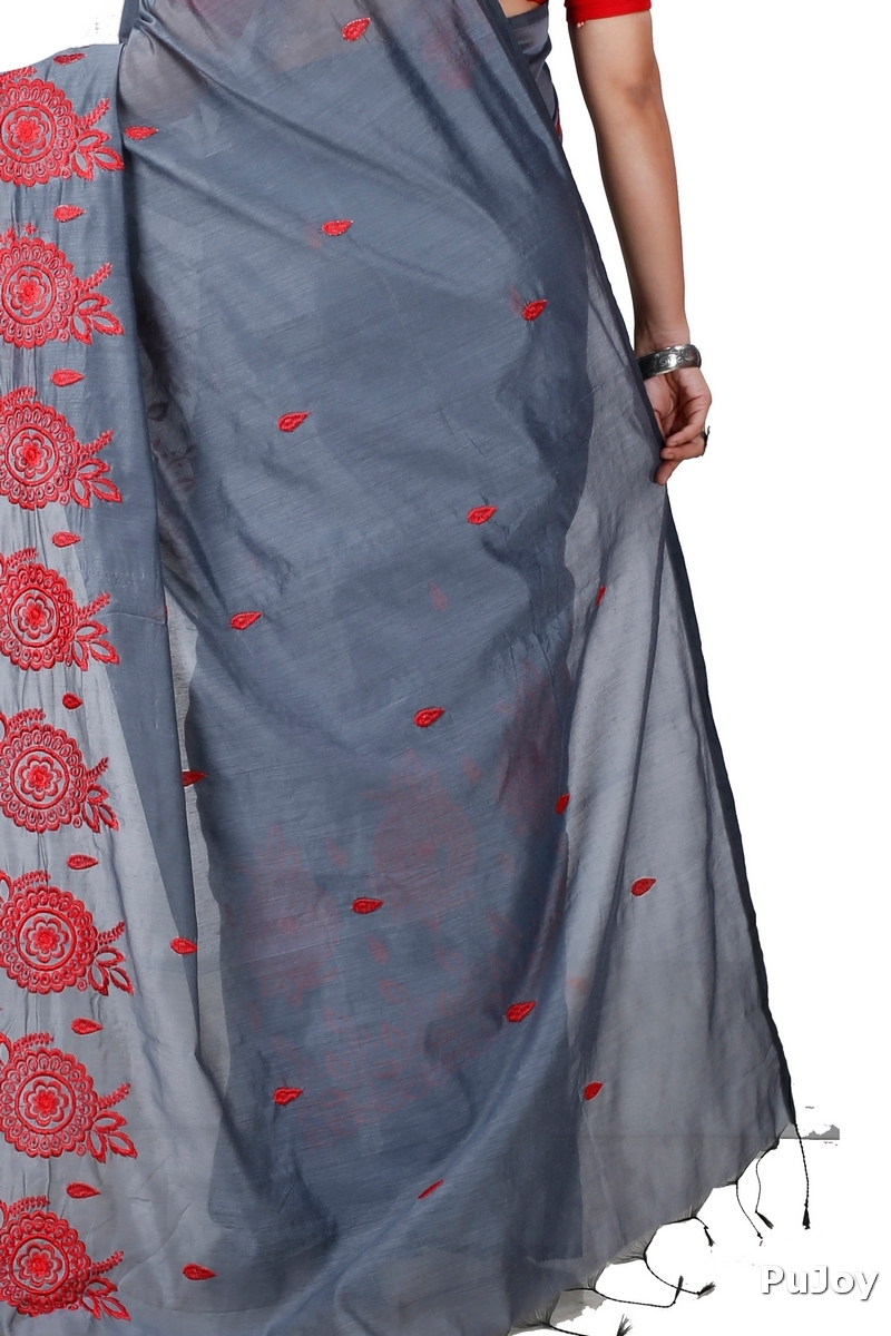 Grey Blended Cotton Tabu Hand Loom Saree (1241)