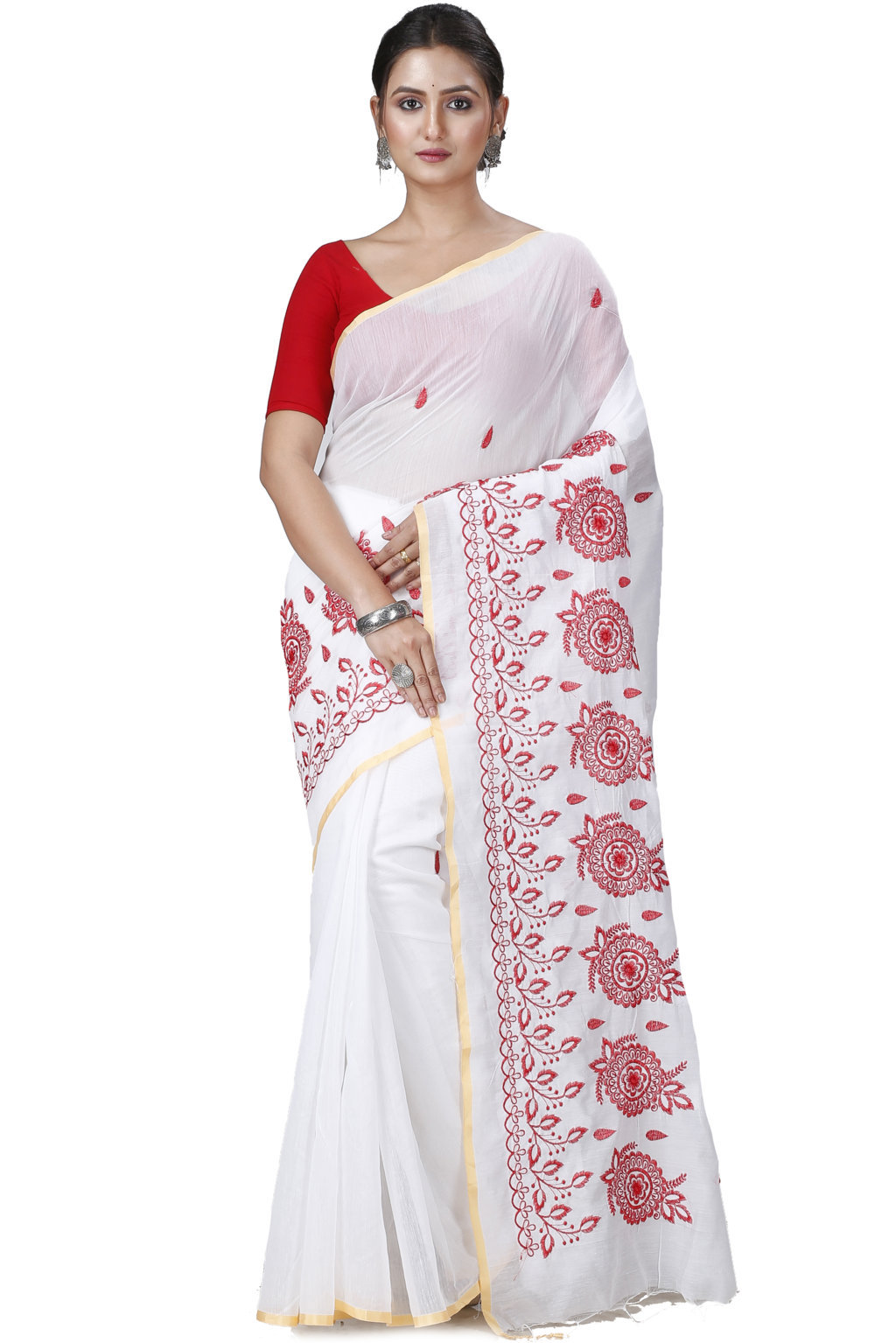 White Blended Cotton Tabu Hand Loom Saree (1242)