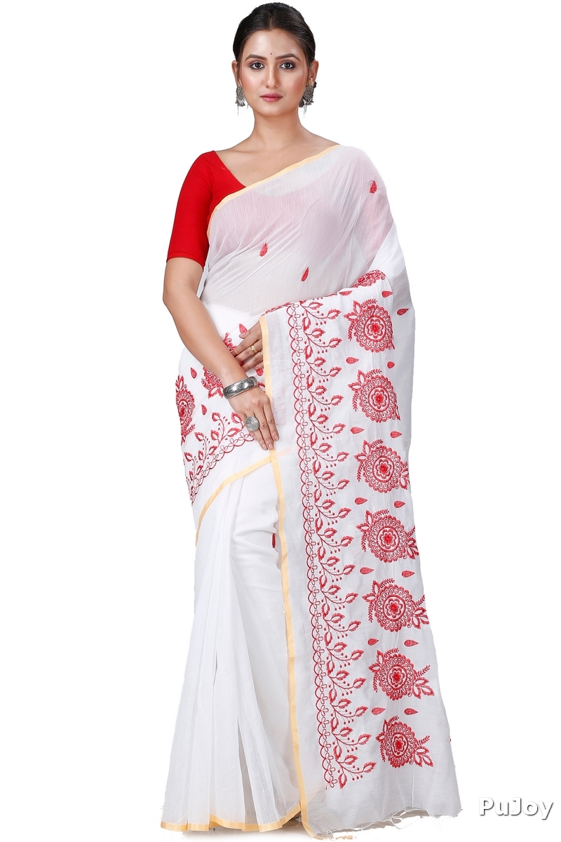 White Blended Cotton Tabu Hand Loom Saree (1242)