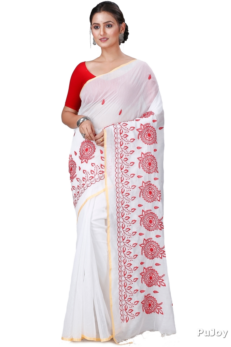 White Blended Cotton Tabu Hand Loom Saree (1242)