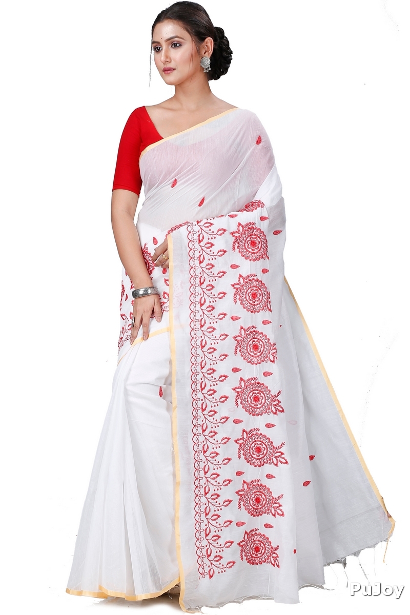 White Blended Cotton Tabu Hand Loom Saree (1242)