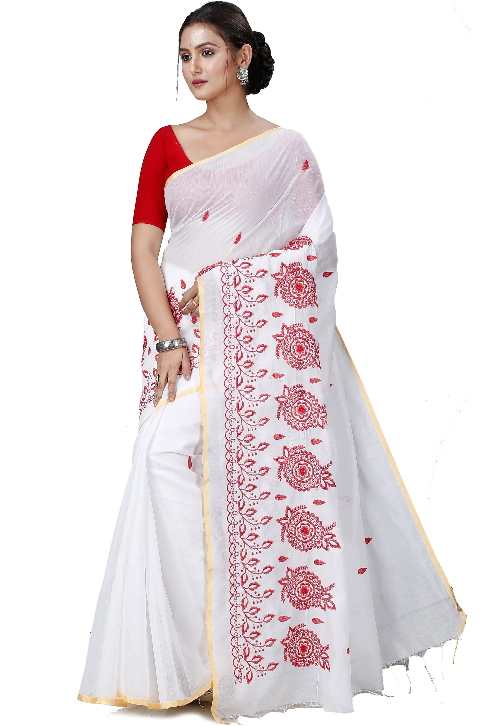White Blended Cotton Tabu Hand Loom Saree (1242)
