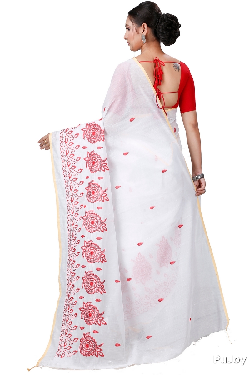 White Blended Cotton Tabu Hand Loom Saree (1242)