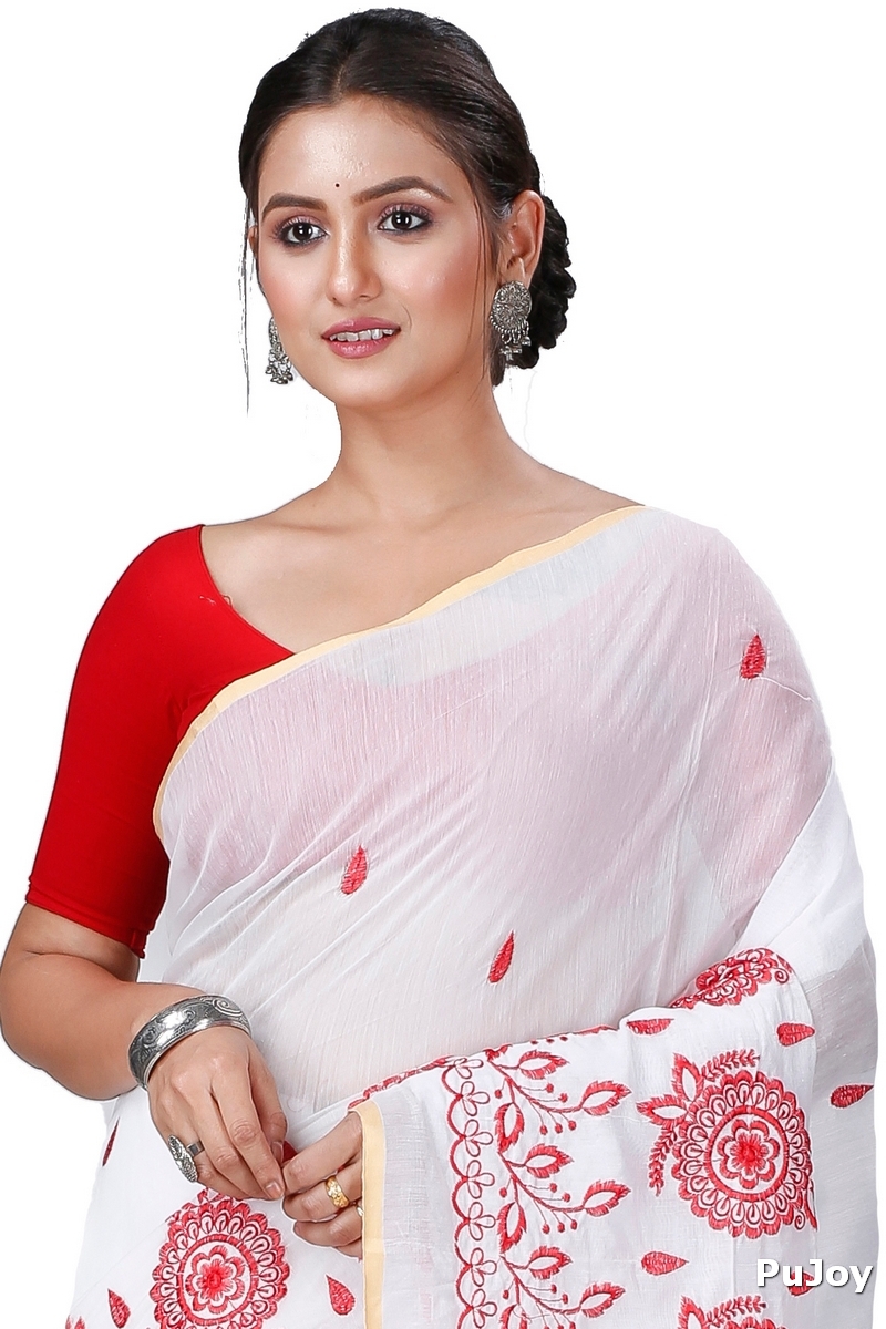 White Blended Cotton Tabu Hand Loom Saree (1242)