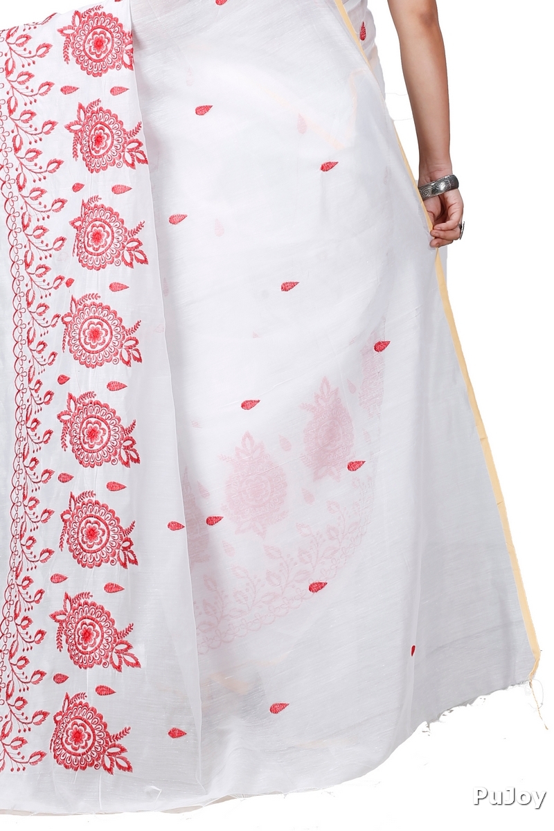 White Blended Cotton Tabu Hand Loom Saree (1242)