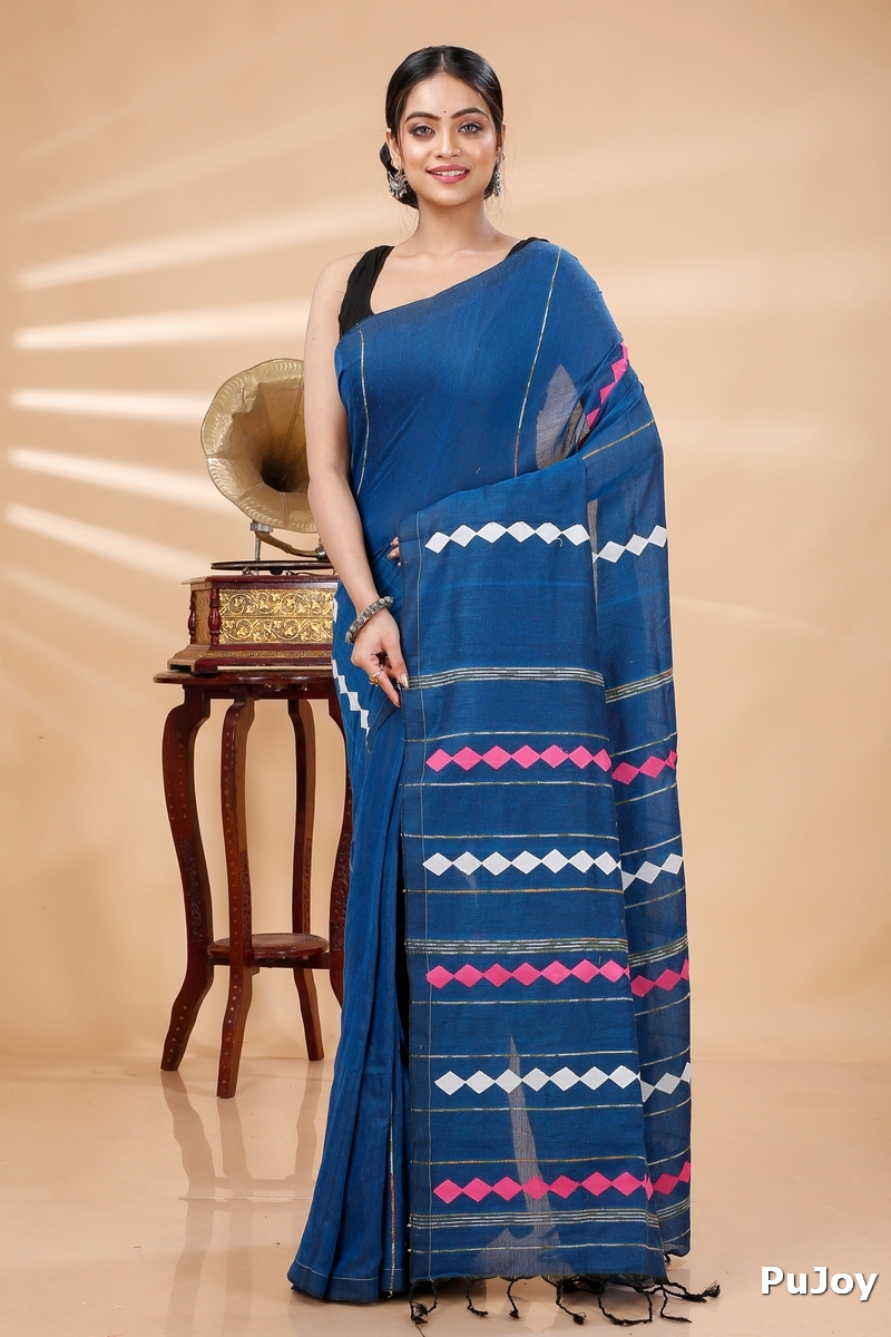 Blue Pure Cotton Tika Applique Saree (1243)