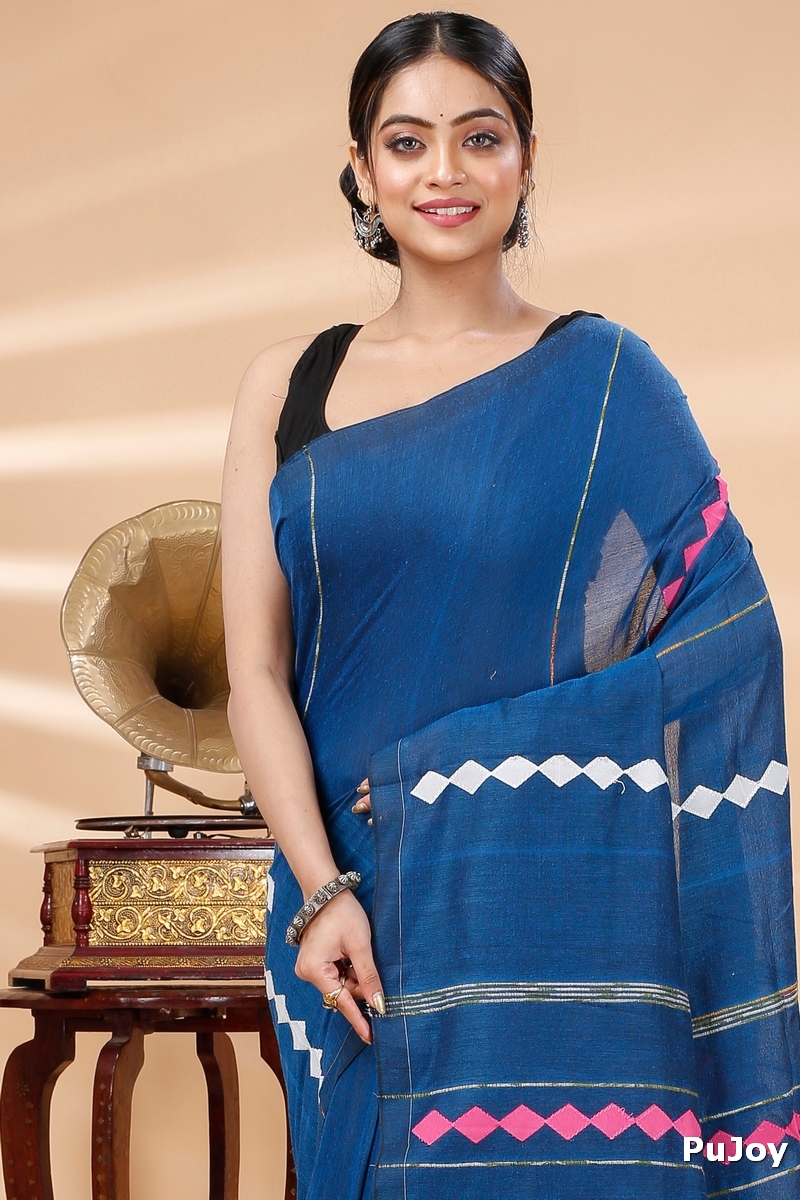 Blue Pure Cotton Tika Applique Saree (1243)