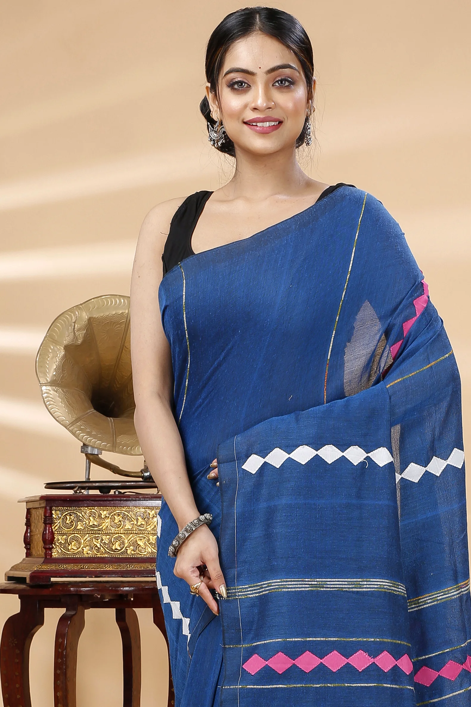 Blue Pure Cotton Tika Applique Saree (1243)