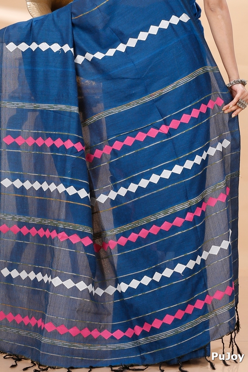 Blue Pure Cotton Tika Applique Saree (1243)