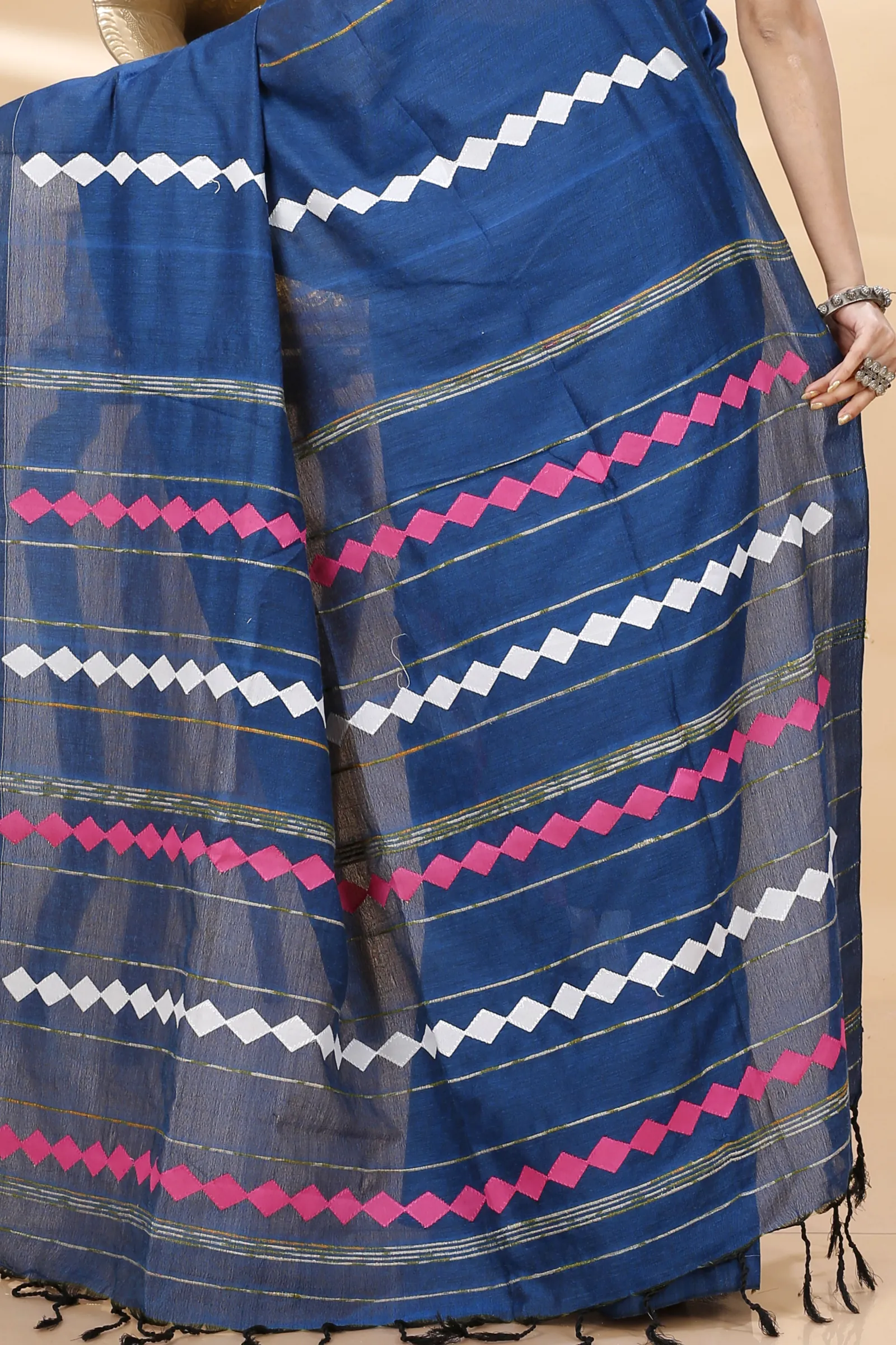 Blue Pure Cotton Tika Applique Saree (1243)