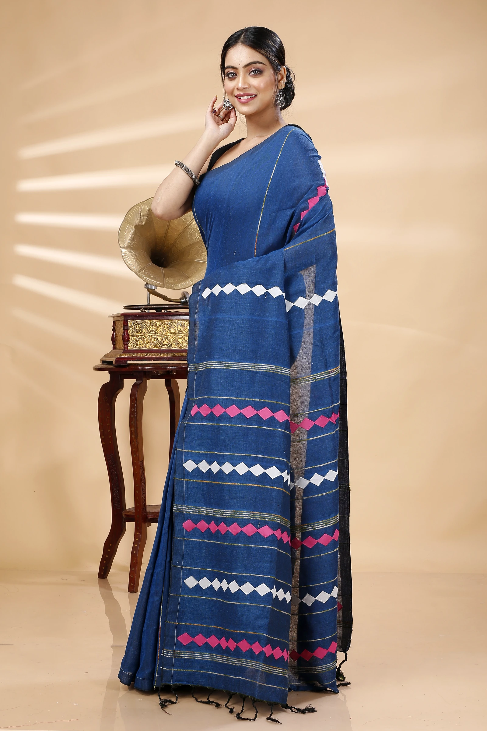 Blue Pure Cotton Tika Applique Saree (1243)