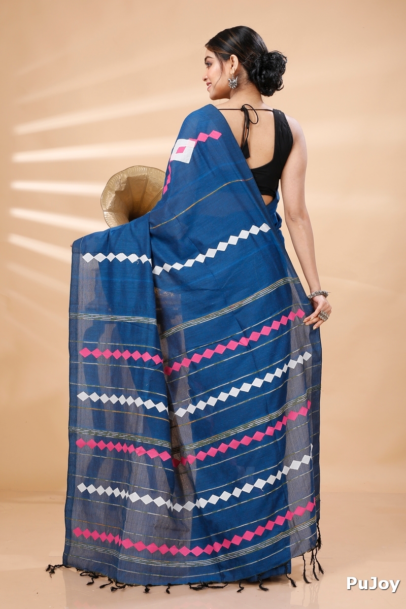 Blue Pure Cotton Tika Applique Saree (1243)